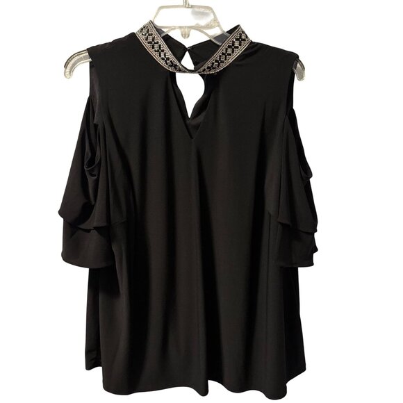 Roz & Ali Womens Cold Shoulder Top Sz 2X With Embellished Neckline black top - Picture 8 of 12